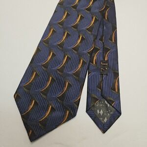 JZ Richards Double Black Neck Tie Blue Gold Geometric Geo Silk Made In USA